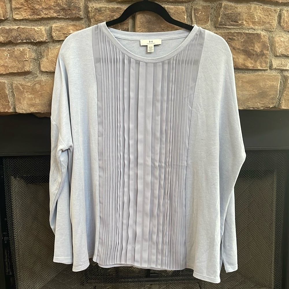 H by Halston pale blue long sleeve blouse with pleated front and side slits. XL